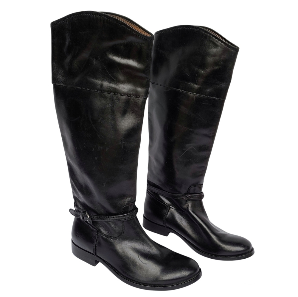 Frye | Melissa Seam Tall Riding Black Leather Boot Curved Topline Women's Size 6